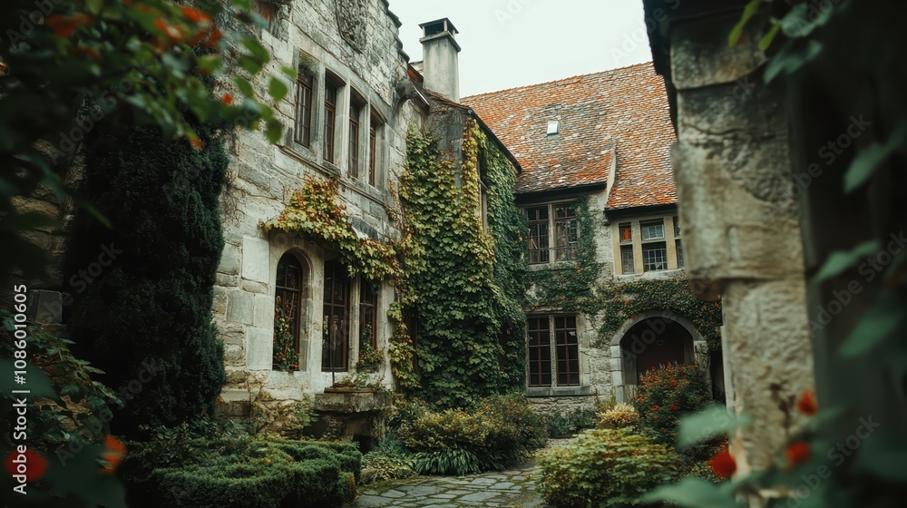 A historical inn with ivy climbing up its stone walls. A historical inn with ivy climbing up its stone walls.