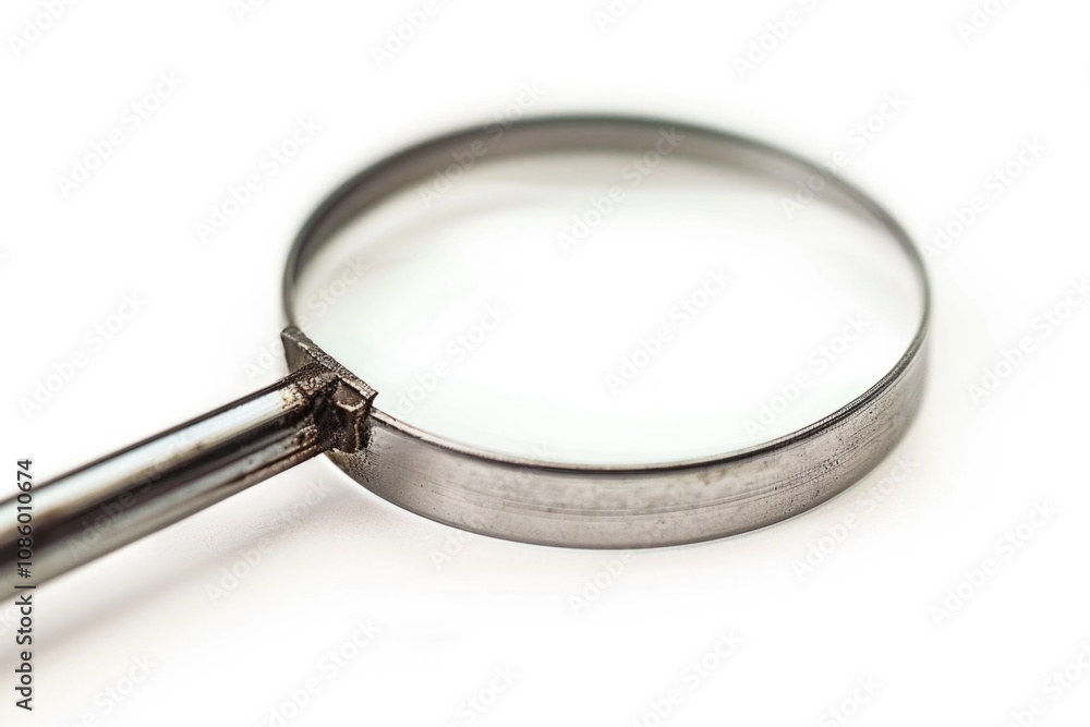 A close-up view of a magnifying glass on a white surface, ideal for illustrations and diagrams A close-up view of a magnifying glass on a white surface, ideal for illustrations and diagrams