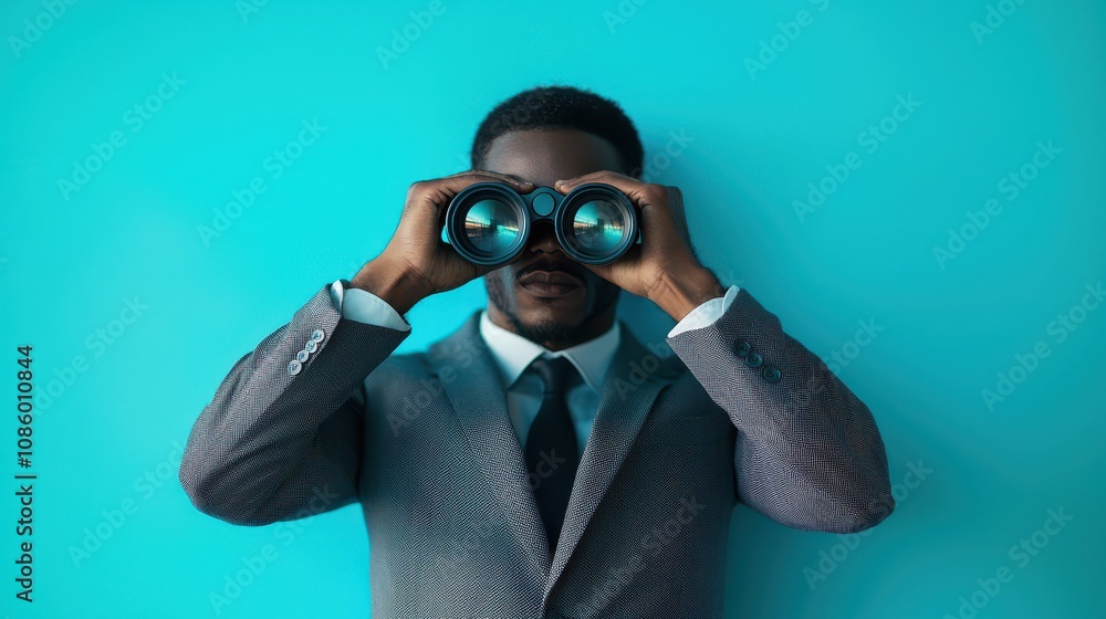 Businessman with binoculars, symbolizing vision and foresight Businessman with binoculars, symbolizing vision and foresight