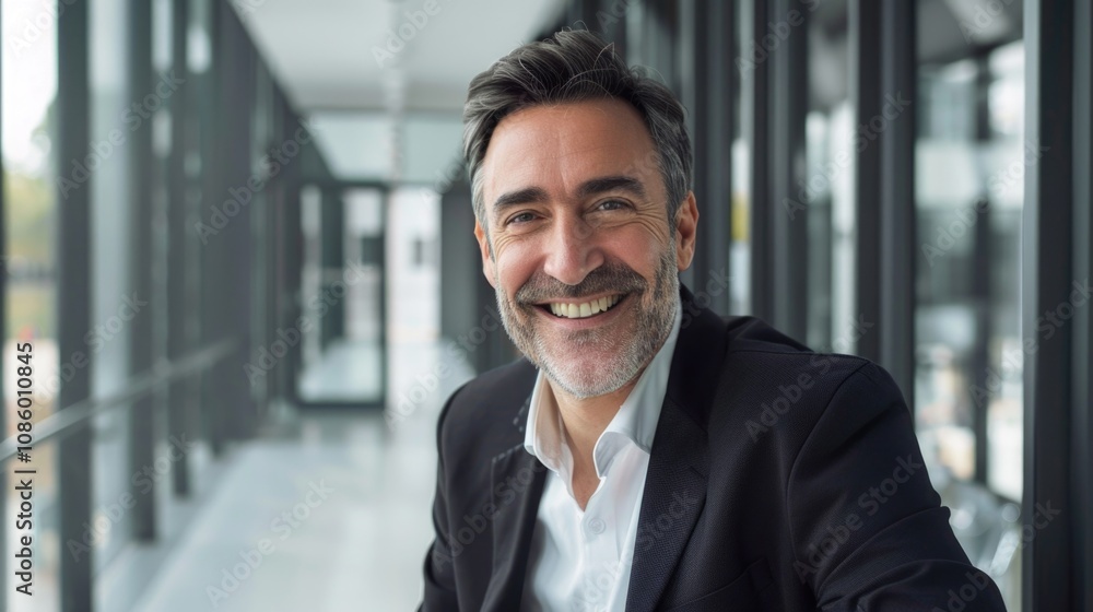 Man in suit and white shirt smiles, possibly after successful meeting or presentation Man in suit and white shirt smiles, possibly after successful meeting or presentation