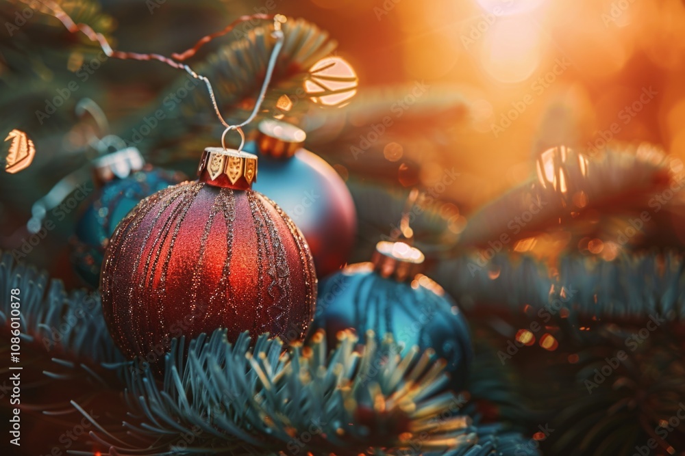 Obraz premium Close-up shot of a Christmas ornament hanging from a decorated tree branch