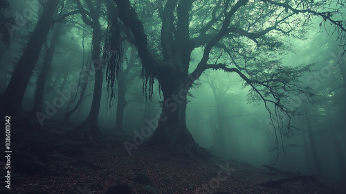 Misty forest with towering ancient trees and intertwined vines creating an enchanting atmosphere in a secluded woodland