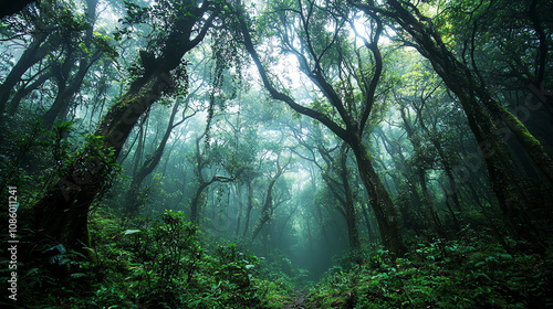 Misty forest filled with towering ancient trees and delicate vines during a tranquil morning light photo