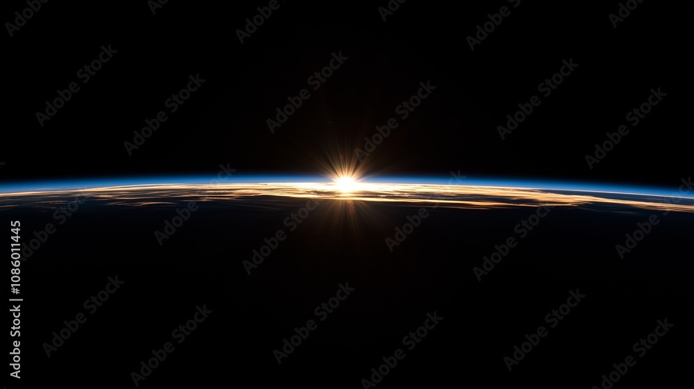 Panoramic View of Earth from Space with Sunrise Over Curved Horizon Panoramic View of Earth from Space with Sunrise Over Curved Horizon