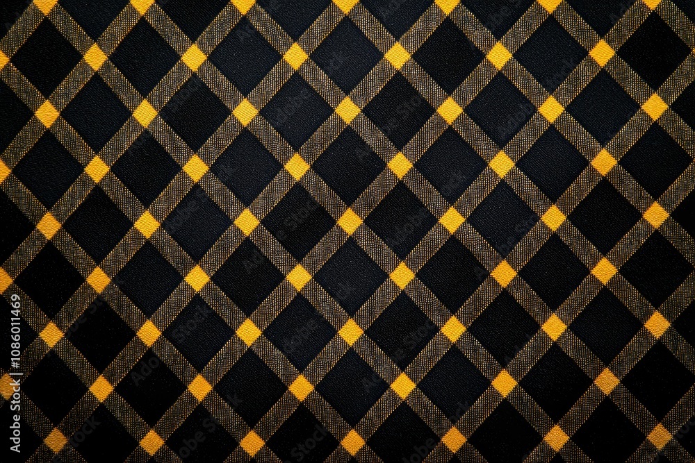 A patterned fabric featuring a black background with yellow diamond shapes, creating a classic and stylish geometric design. A patterned fabric featuring a black background with yellow diamond shapes, creating a classic and stylish geometric design.