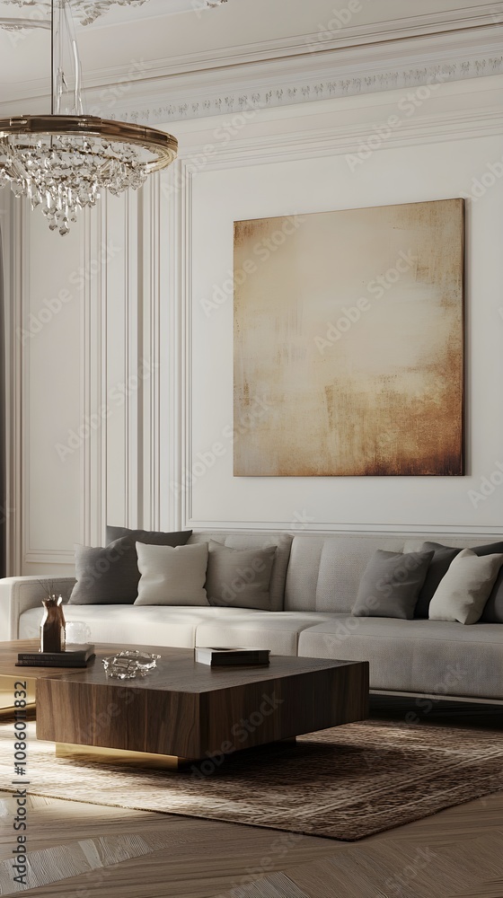 Modern Living Room with Elegant Decor Featuring a Stylish Sofa, Contemporary Artwork, Luxurious Chandelier, and Warm Neutral Tones for a Cozy Atmosphere Modern Living Room with Elegant Decor Featuring a Stylish Sofa, Contemporary Artwork, Luxurious Chandelier, and Warm Neutral Tones for a Cozy Atmosphere