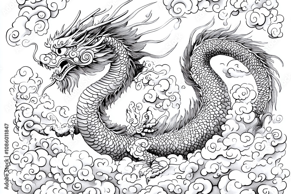 Coloring page of chinese dragon motif with cloud patterns and traditional symbols, flowing line work. Coloring page of chinese dragon motif with cloud patterns and traditional symbols, flowing line work.