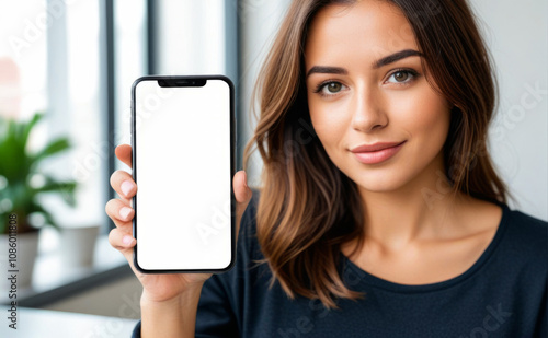 Young woman in a modern workspace holding a smartphone with a blank screen, promoting digital engagement in contemporary life