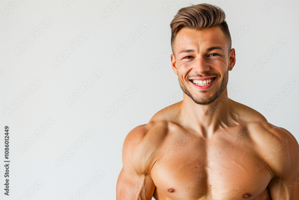 smiling sporty man with a athletic figure and pumped up abs looking at the camera on a white background smiling sporty man with a athletic figure and pumped up abs looking at the camera on a white background
