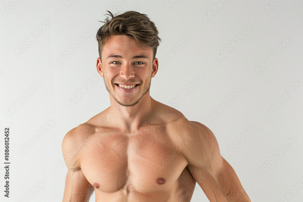 smiling sporty man with a athletic figure and pumped up abs looking at the camera on a white background smiling sporty man with a athletic figure and pumped up abs looking at the camera on a white background