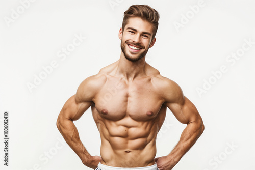 smiling sporty man with a athletic figure and pumped up abs looking at the camera on a white background