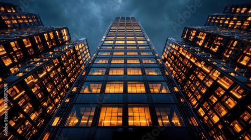 Wallpaper Mural A photostock of a tall office building with dark blue and gray glass panels arranged in a geometric pattern, representing corporate structures. High Quality Torontodigital.ca