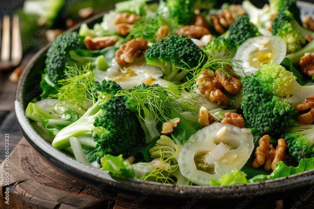 A plate of healthy food featuring broccoli and walnuts A plate of healthy food featuring broccoli and walnuts