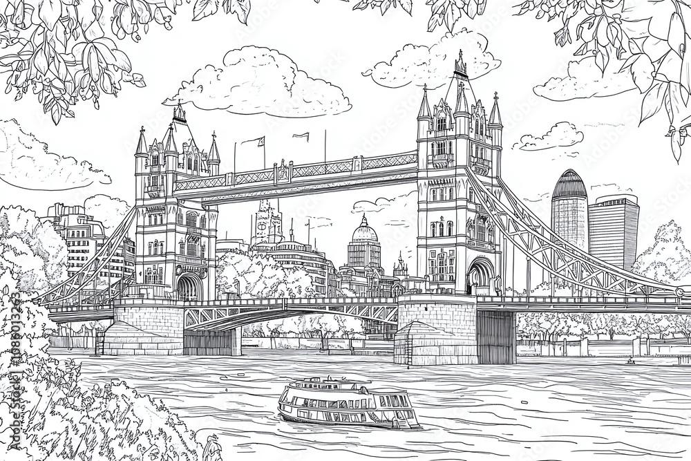 Coloring page of london cityscape with big ben and tower bridge, victorian architectural details. Coloring page of london cityscape with big ben and tower bridge, victorian architectural details.