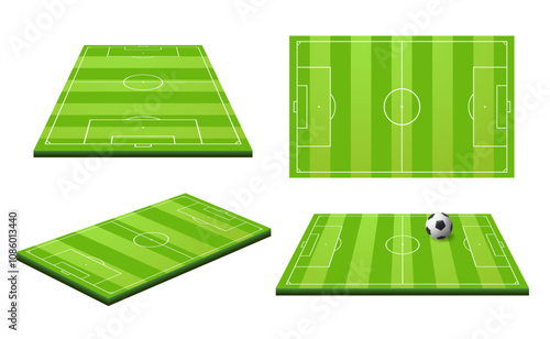 Football or soccer field. Realistic ball sport pitch scheme with zone markings. Stadium grass court perspective, side and top view vector set