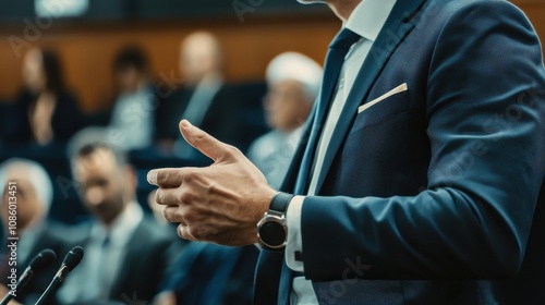 Lecture and training in a business office for white-collar colleagues, focusing on the hands of the speaker