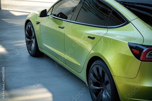 A green car parked on the side of the road with grass and trees nearby