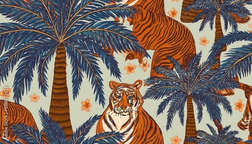 retro hand drawn tropical summer seamless pattern traditional indian tapestry style background illustration vintage exotic nature textile print jungle animal texture with tiger doodle palm tree