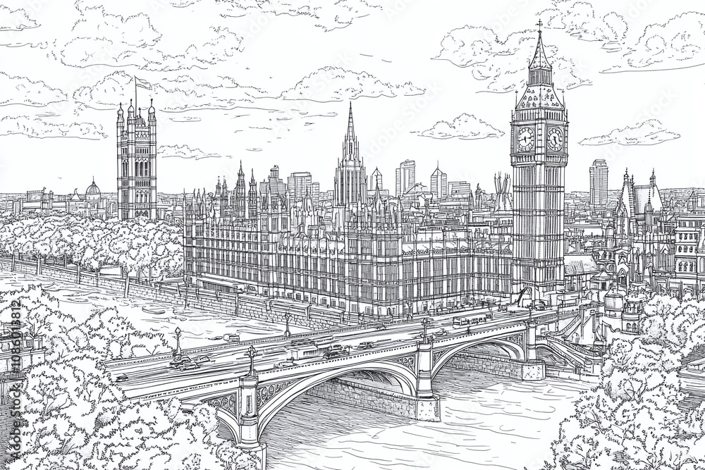 Obraz premium Coloring page of london cityscape with big ben and tower bridge, victorian architectural details.