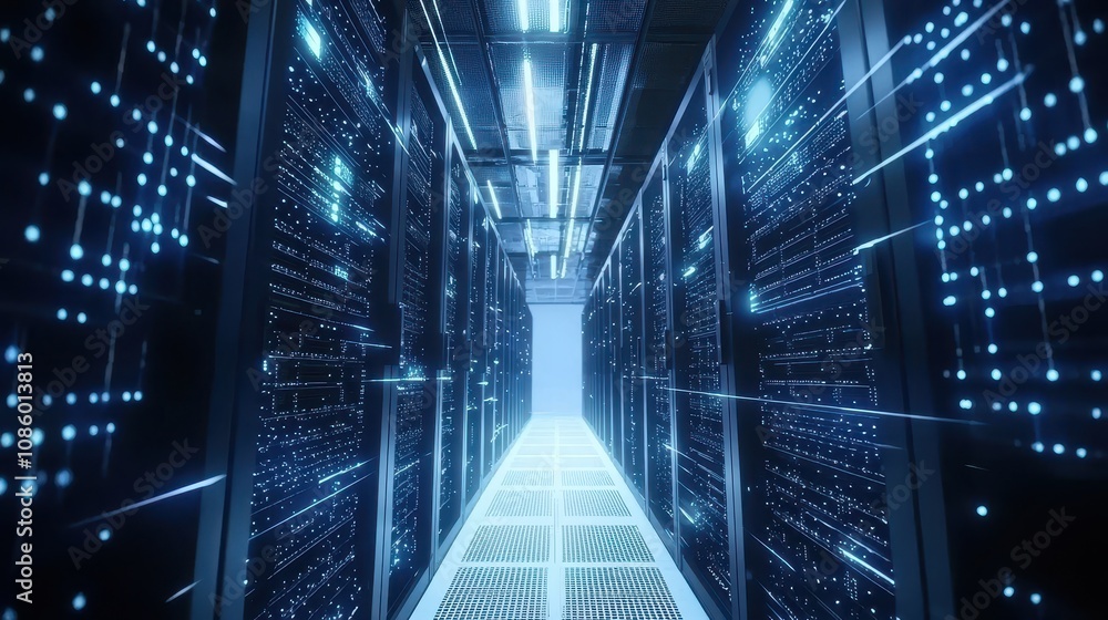 Shot of a corridor in a working data center full of rack servers and supercomputers with internet connection visualization Shot of a corridor in a working data center full of rack servers and supercomputers with internet connection visualization