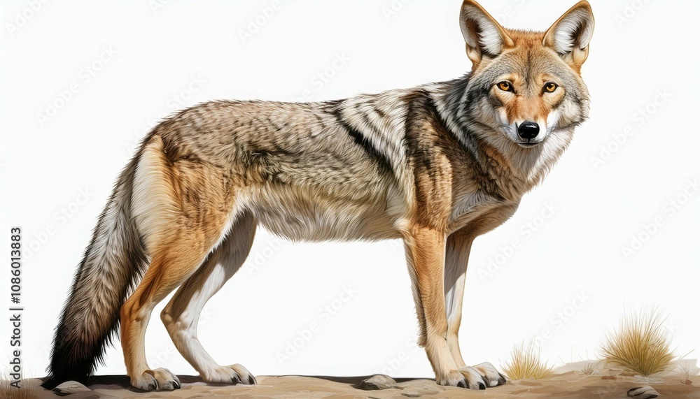 Fototapeta premium realistic of a coyote standing alert with white background for easy integration into designs