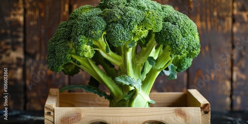 Fresh broccoli arranged in a wooden crate for display or shipping photo