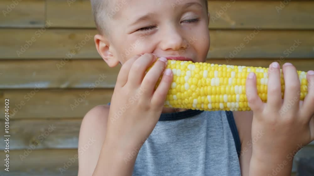 The boy enjoys eating boiled corn. Corn is an agricultural product with a long history of use as a source of natural vitamins and minerals. It is a simple food The boy enjoys eating boiled corn. Corn is an agricultural product with a long history of use as a source of natural vitamins and minerals. It is a simple food