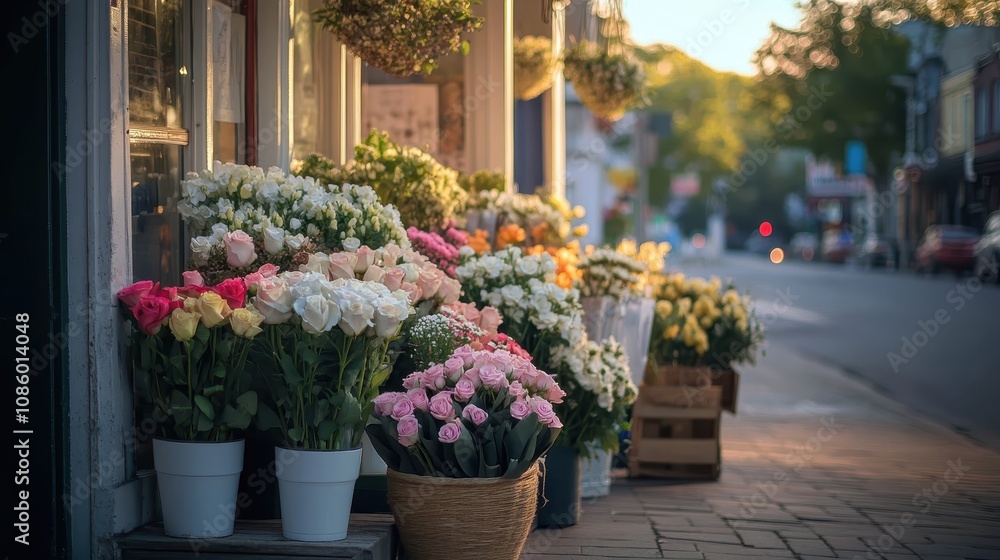Fototapeta premium A quaint little flower shop with bouquets displayed on the sidewalk.