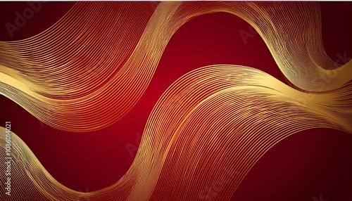 dynamic abstract golden circular wave lines on dark red background 