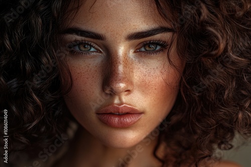 A close-up shot of a woman's face featuring freckles