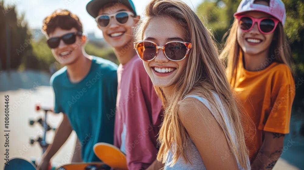 Summer holidays and teenage concept - group of smiling teenagers with skateboards hanging out outside Summer holidays and teenage concept - group of smiling teenagers with skateboards hanging out outside