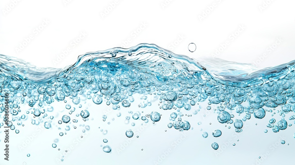 Fresh blue natural drink water wave wide panorama with bubbles, concept isolated on white background Fresh blue natural drink water wave wide panorama with bubbles, concept isolated on white background