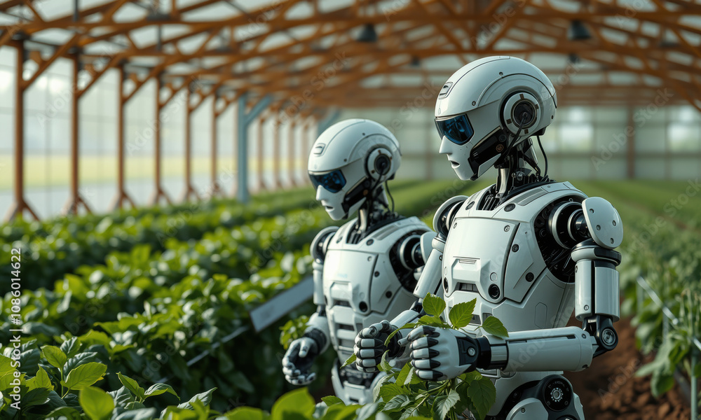 Humanoid robots working in greenhouse, tending to plants and crops, showcasing advanced technology in agriculture Humanoid robots working in greenhouse, tending to plants and crops, showcasing advanced technology in agriculture