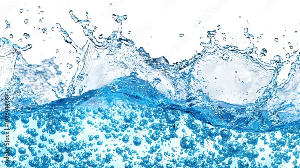 Fresh blue natural drink water wave wide panorama with bubbles, concept isolated on white background Fresh blue natural drink water wave wide panorama with bubbles, concept isolated on white background