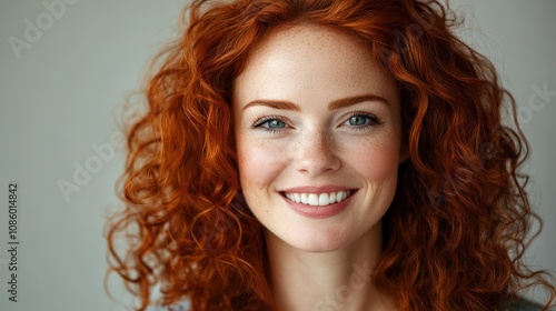 A Close-up Portrait of a Woman with Long Red Curly Hair Smiling