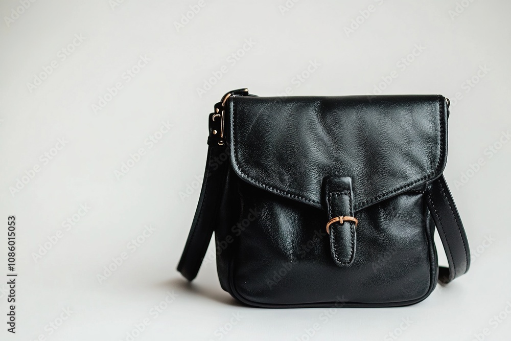 Black leather crossbody handbag with buckle strap. Black leather crossbody handbag with buckle strap.