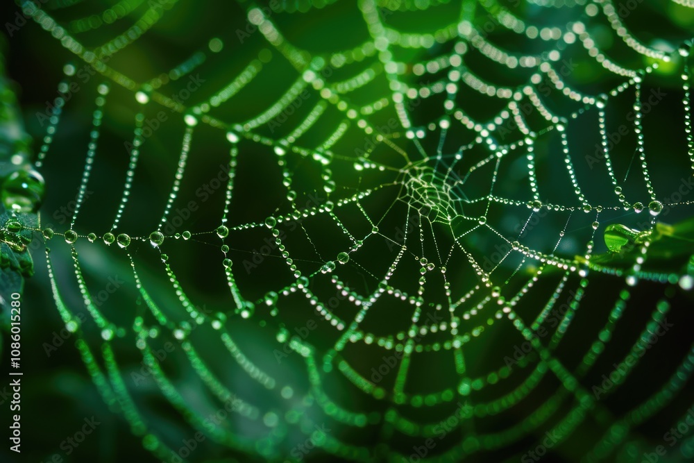 Close-up of a spider web covered in water droplets on a leaf or branch Close-up of a spider web covered in water droplets on a leaf or branch
