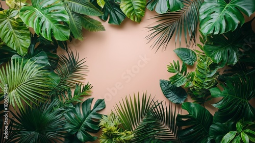 A vibrant arrangement of tropical leaves framing a soft peach background.