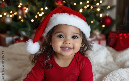 A joyful latina toddler girl in a santa hat enjoying Christmas time in a cozy setting with a beautifully decorated tree behind her