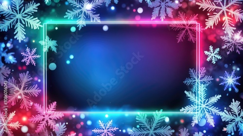 Colourful Christmas neon frame with snowflakes, copy space for text. Festive winter New Year holiday season background