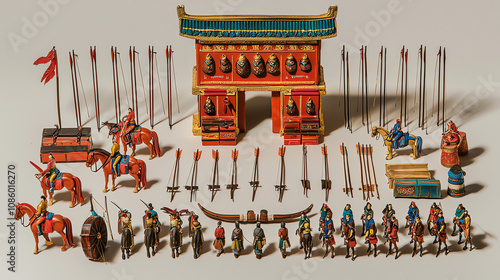 Miniature representation of Mongolian Naadam festival featuring bows, arrows, and traditional figurines photo