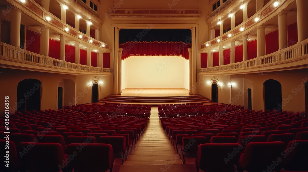 A spacious auditorium with rows of red seats and a grand stage. A spacious auditorium with rows of red seats and a grand stage.