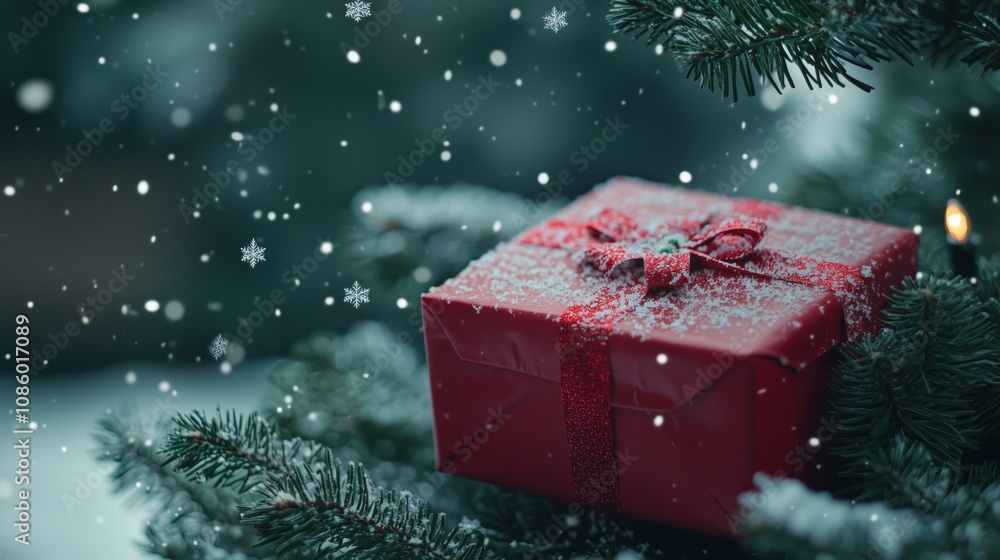 Festive Winter Scene with Vibrant Red Gift Box on Snow-Dusted Evergreen Branch, Red Ribbon and Bow, and Falling Snowflakes in Blurred Background Festive Winter Scene with Vibrant Red Gift Box on Snow-Dusted Evergreen Branch, Red Ribbon and Bow, and Falling Snowflakes in Blurred Background
