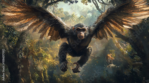 A unique monkey with bird-like wings swings through dense jungle trees during daylight hours in an extraordinary display of agility and flight