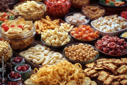 Assortment of snacks on a wooden table, great for foodie or event photography