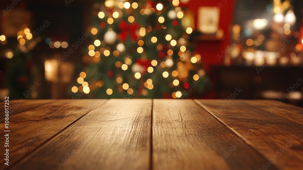 Empty wooden tabletop on blurred background of cozy cafe decorated for Christmas Empty wooden tabletop on blurred background of cozy cafe decorated for Christmas