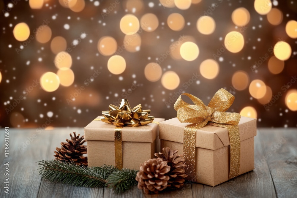 christmas and new year background - gift boxes and pine cones and branches on the background of bokeh garlands christmas and new year background - gift boxes and pine cones and branches on the background of bokeh garlands