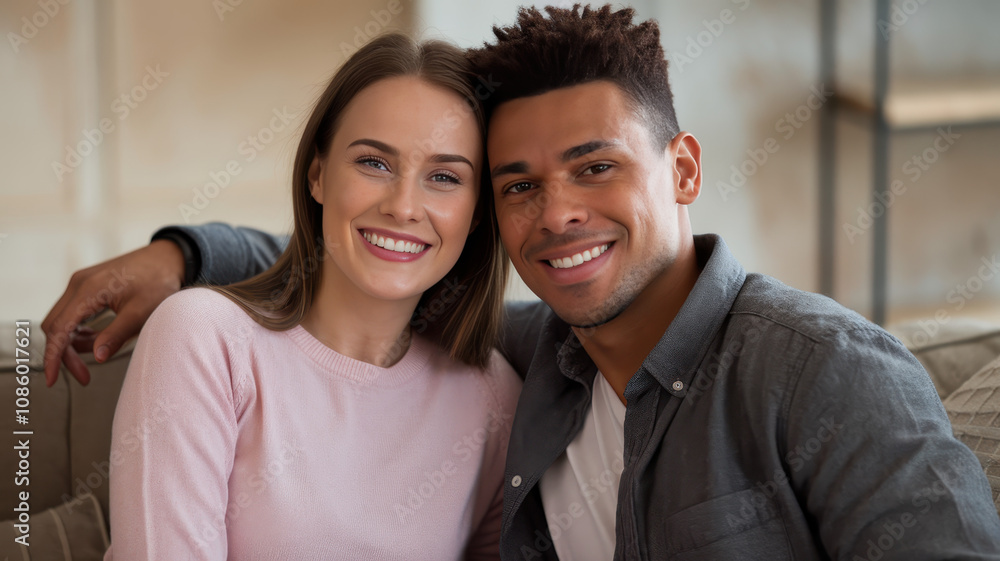 A happy interracial couple, a Caucasian woman and a Black man, smile warmly while sitting together on a cozy couch in a stylish indoor setting. A happy interracial couple, a Caucasian woman and a Black man, smile warmly while sitting together on a cozy couch in a stylish indoor setting.