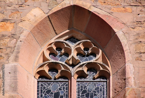 Gothic window tracery detail at the village church of Herxheim bei Landau, Pfalz region in Germany photo