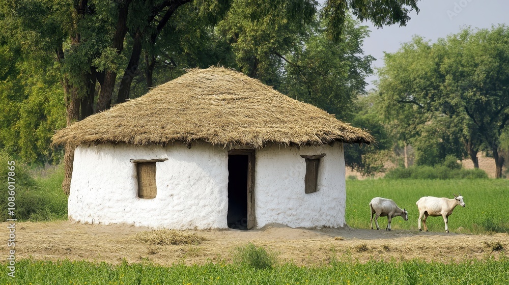 A traditional mud hut in a rural setting with goats grazing nearby. A traditional mud hut in a rural setting with goats grazing nearby.